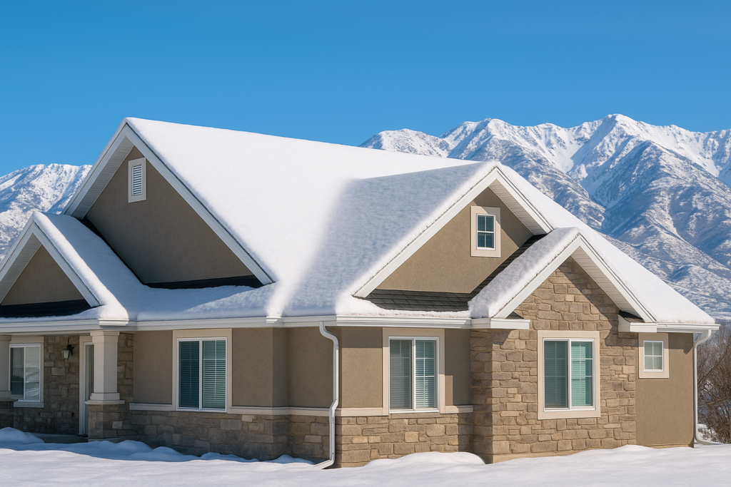 Utah home with clean snow-covered roof and mountain background