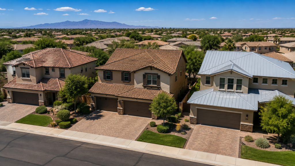 Best roofing materials for Arizona heat shown on Phoenix suburban homes