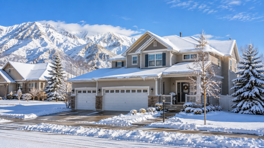 Heavy snow load on a Utah roof with Wasatch mountains in the background
